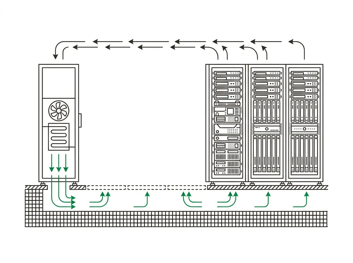 Corte transversal de uma sala de Data Center: a unidade de climatização insufla ar frio no plenum sob o piso elevado, o ar sobe pelas placas perfuradas do corredor frio, atravessa as duas fileiras de racks e retorna quente por cima, de volta à unidade.