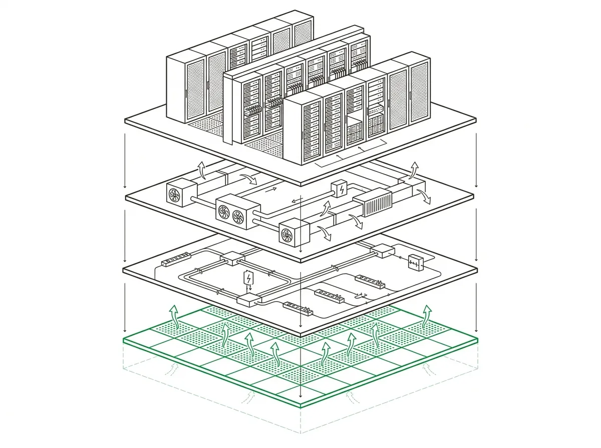 Corte explodido de um Data Center em quatro camadas: racks de TI no topo, distribuição elétrica, unidades de refrigeração e piso elevado com fluxo de ar na base.